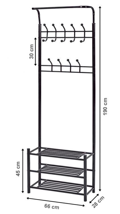 Drēbju pakaramais ar plauktiem apaviem, Modern Home 190x60x28 cm, melns cena un informācija | Priekšnama iekārtas | 220.lv