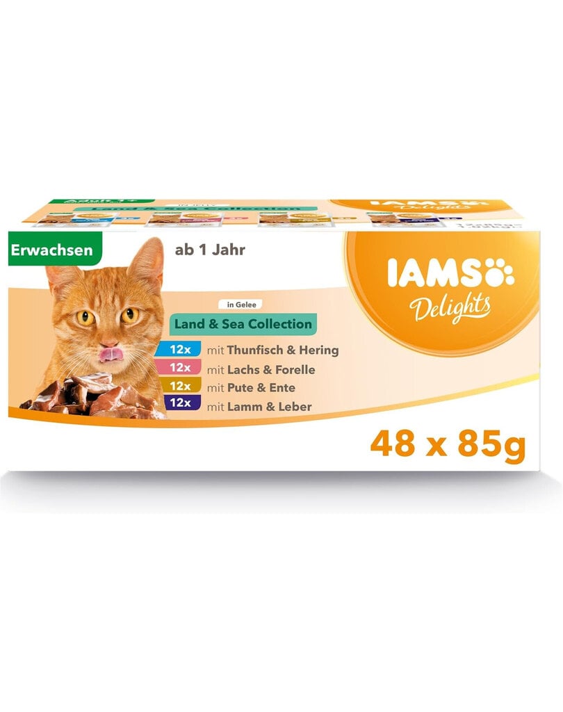 IAMS Cat Delights konservi ar mājputnu, jēra gaļu un zivīm, 48x85 g cena un informācija | Konservi kaķiem | 220.lv