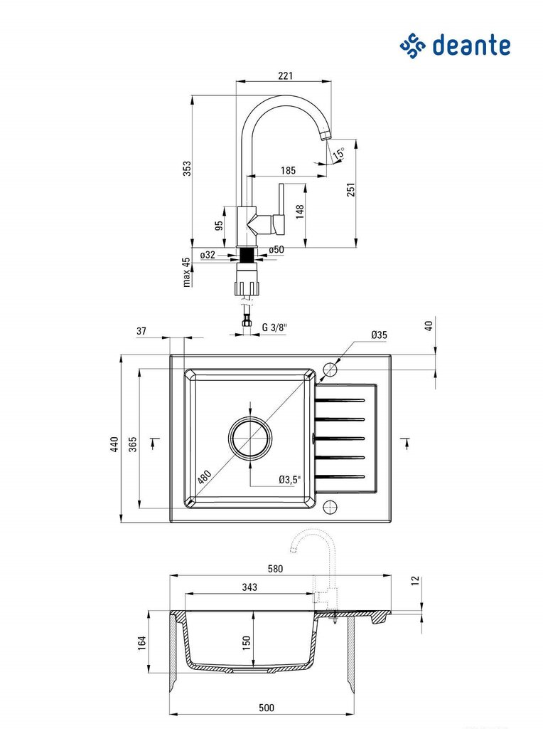 Deante granīta virtuves izlietne Deante Zorba ar jaucējkrānu ZQZAN11A, Nero cena un informācija | Virtuves izlietnes | 220.lv