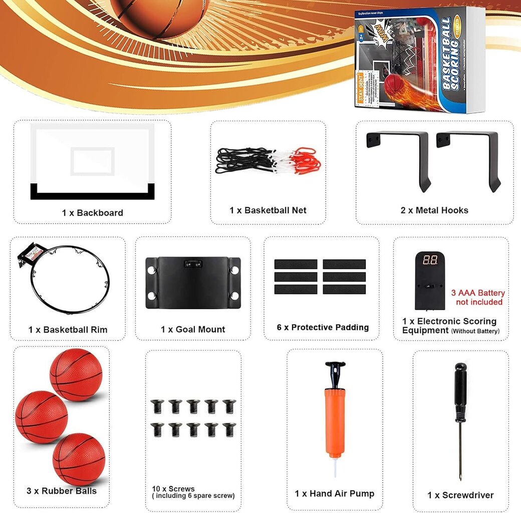 Mini basketbola grozs ar elektronisku rezultātu ierakstu Stay Gent, ar 3 bumbiņām cena un informācija | Basketbola grozi | 220.lv