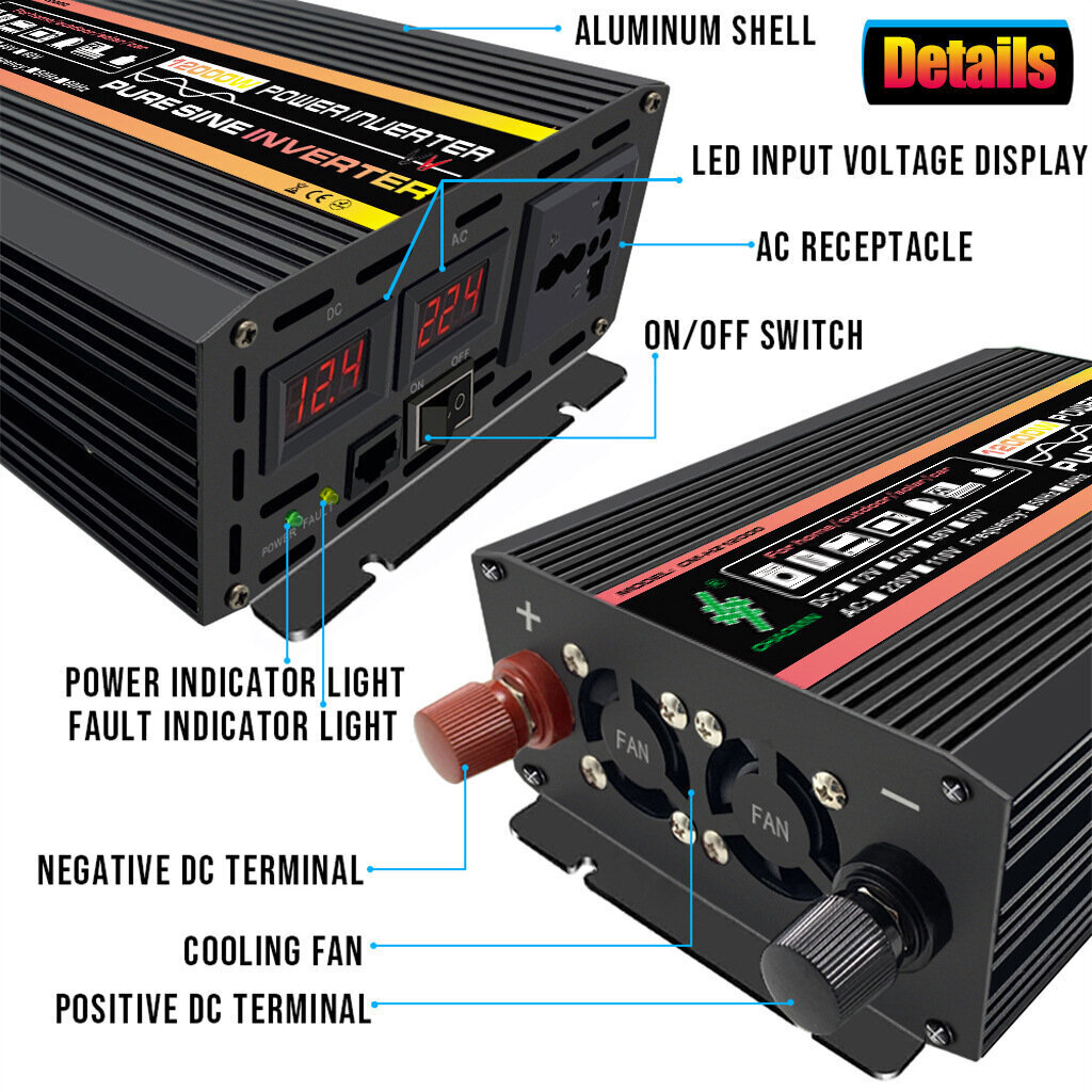 Strāvas pārveidotājs Inverteris 48V-220V 1500W DC48 cena un informācija | Saules paneļi, komponentes | 220.lv