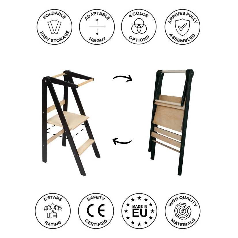 Saliekams koka bērnu kāpslis - tornis leg&go, melns cena un informācija | Bērnu krēsliņi un bērnu galdiņi | 220.lv