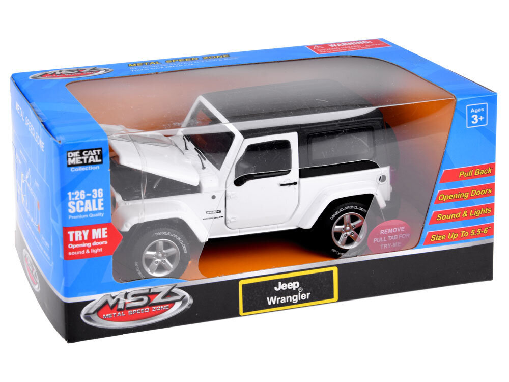 Rotaļu metāla SUV Jeep Wrangler 1:32, balts. cena un informācija | Rotaļlietas zēniem | 220.lv