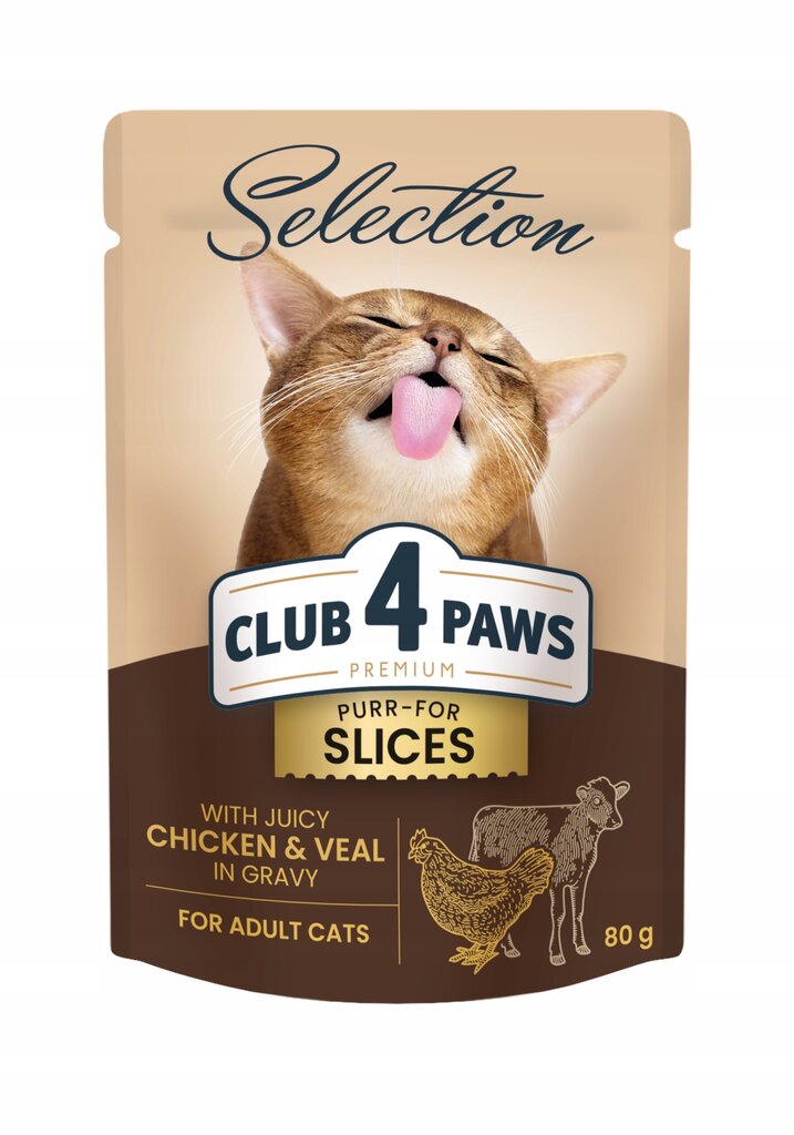 Club 4 paws Premium mitrā kaķu barība - Vistas un teļa gaļa mērcē 12 x 80g cena un informācija | Konservi kaķiem | 220.lv