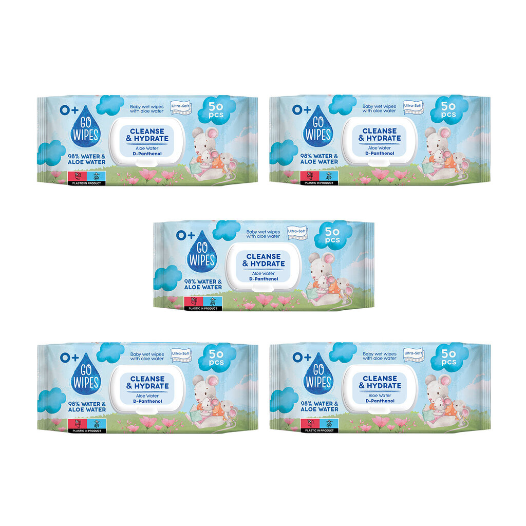 Mitrās salvetesGo Wipes Baby Cleanse&Hydrate, 5 x 50gab cena un informācija | Mitrās salvetes, vienreizlietojamie paladziņi | 220.lv