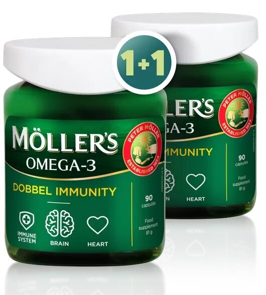 Uztura bagātinātājs Zivju eļļa P. Moller Dobbel Immunity, N90 kapsulas, 1+1 cena un informācija | Vitamīni, preparāti, uztura bagātinātāji labsajūtai | 220.lv