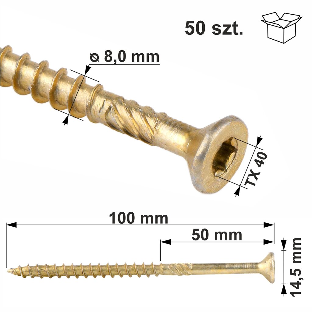 50 gab. Skrūves kokam 8x100 mm, konusveida, TORX, Klimas WKCS cena un informācija | Stiprinājumi | 220.lv