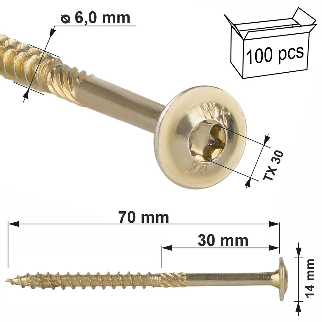 100 gab. Skrūves kokam 6x70 mm, plakana, TORX, Klimas WKCP цена и информация | Stiprinājumi | 220.lv