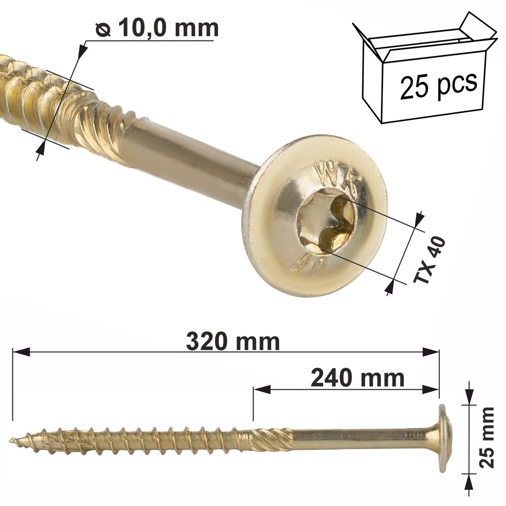 25 gab. Skrūves kokam 10x320 mm, plakana, TORX, Klimas WKCP cena un informācija | Stiprinājumi | 220.lv