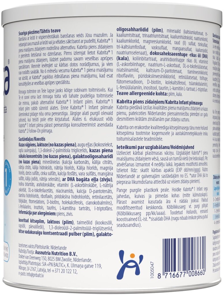 Piena maisījums Kabrita 1, 0-6 mēneši, 400 g цена и информация | Piena maisījumi (0-6 mēn.) | 220.lv