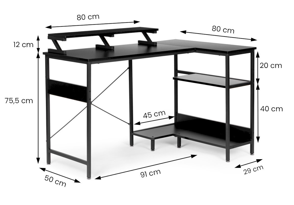 Datorgalds ar 3 melniem plauktiem, stūra, 120 cm x 50 cm cena un informācija | Datorgaldi, rakstāmgaldi, biroja galdi | 220.lv