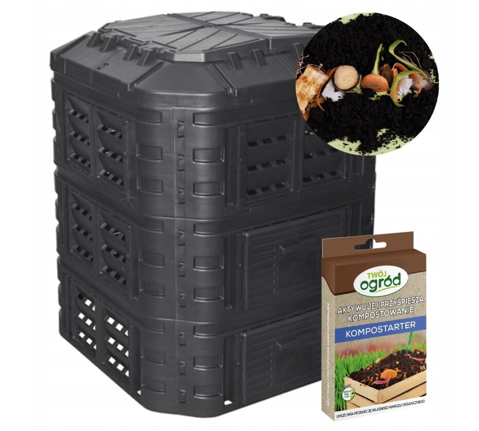 Patruļgrupa 1 kameras kompostētājs, 860 l melns + Mēslojums Organiskais, Dabīgais Twój Ogród Granulas 0,1 kg цена и информация | Komposta kastes un āra konteineri | 220.lv