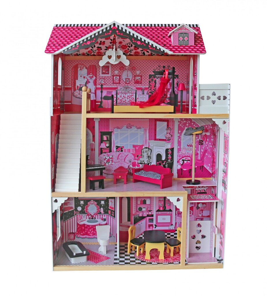 Koka leļļu māja ar mēbelēm, LED apgaismojums, 41 x 80 x 121 cm cena un informācija | Rotaļlietas meitenēm | 220.lv