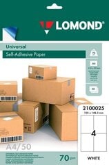 Lomond Self-Adhesive Paper Universal Labels, 4/105x148,5, A4, 50 sheets, White цена и информация | Канцелярия | 220.lv
