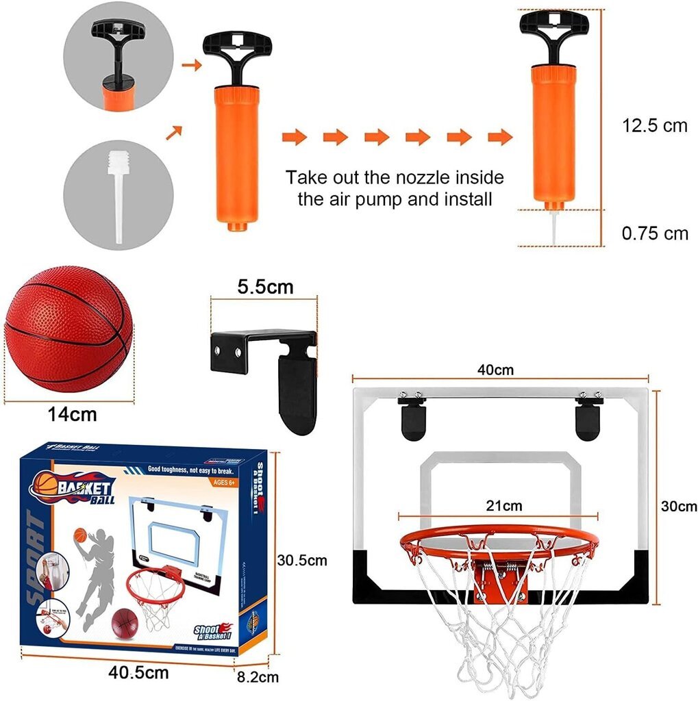 Mini basketbola grozs ar 3 bumbiņām un gaisa sūkni Stay Gent 40x30cm cena un informācija | Basketbola grozi | 220.lv