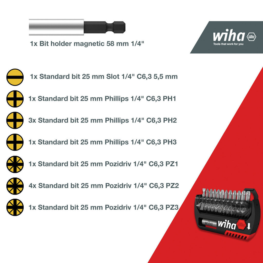 Uzgaļu komplekts WIHA FlipSelector Phillips, Pozidriv, 13 gab., 1/4" ar jostas klipsi цена и информация | Rokas instrumenti | 220.lv