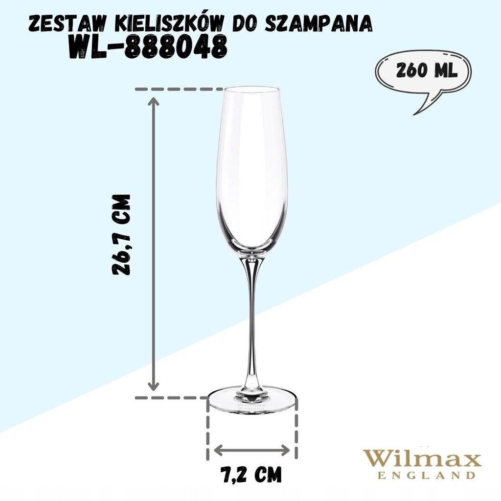 Wilmax šampanieša glāzes, 260 ml, 2 gab. цена и информация | Glāzes, krūzes, karafes | 220.lv