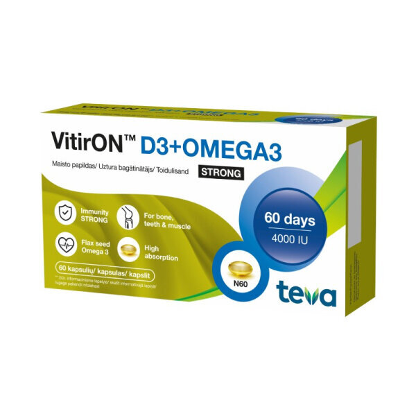 Uztura bagātinātājs VitirON D3 4000IU + Omega 3 Strong, 60kapsulas цена и информация | Vitamīni, preparāti, uztura bagātinātāji labsajūtai | 220.lv