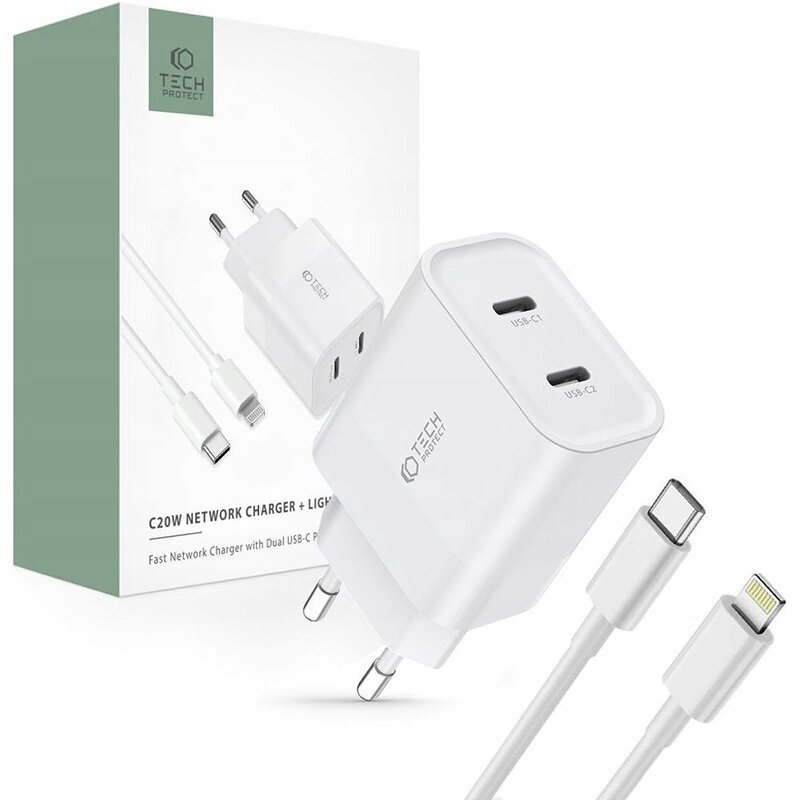 Lādētājs Tech-Protect C20W 2-PORT Network PD 20W USB-C balts cena un informācija | Lādētāji un adapteri | 220.lv