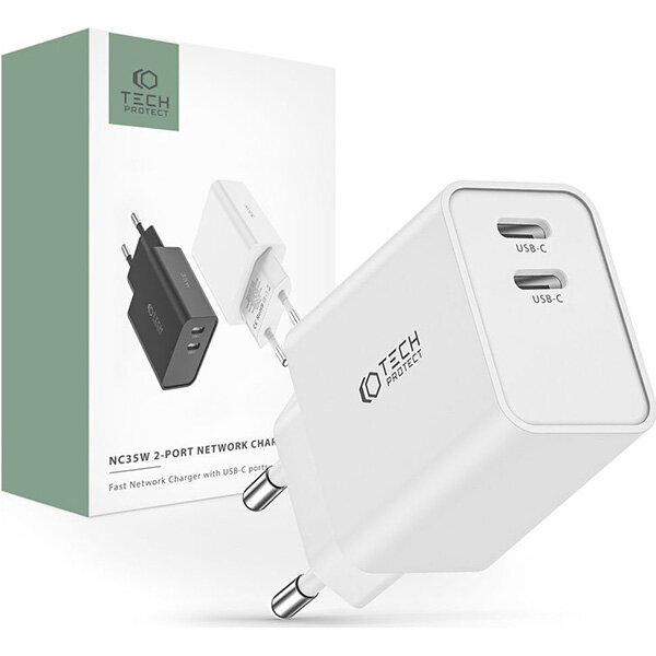 Lādētājs Tech-Protect C35W 2-PORT Network PD 35W USB-C, balts cena un informācija | Lādētāji un adapteri | 220.lv