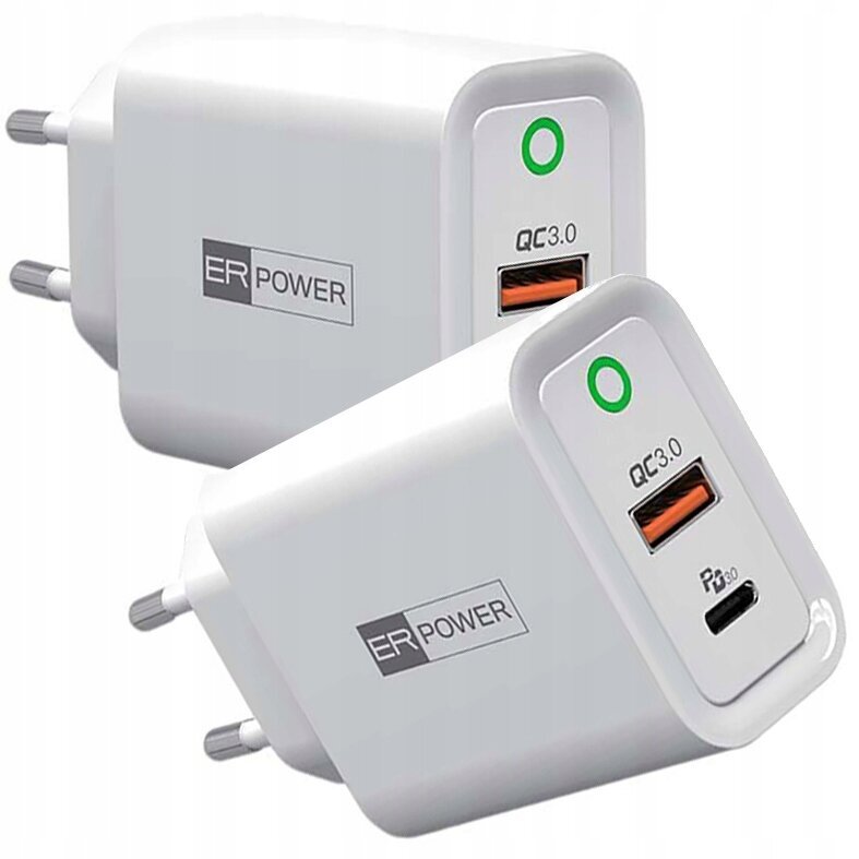 Lādētājs ER Power 30W USB-C QC PD, balts цена и информация | Lādētāji un adapteri | 220.lv