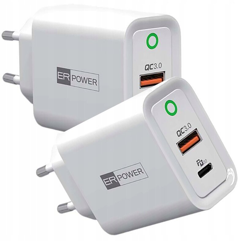 Lādētājs ER Power 30W USB-C QC PD, balts cena un informācija | Lādētāji un adapteri | 220.lv