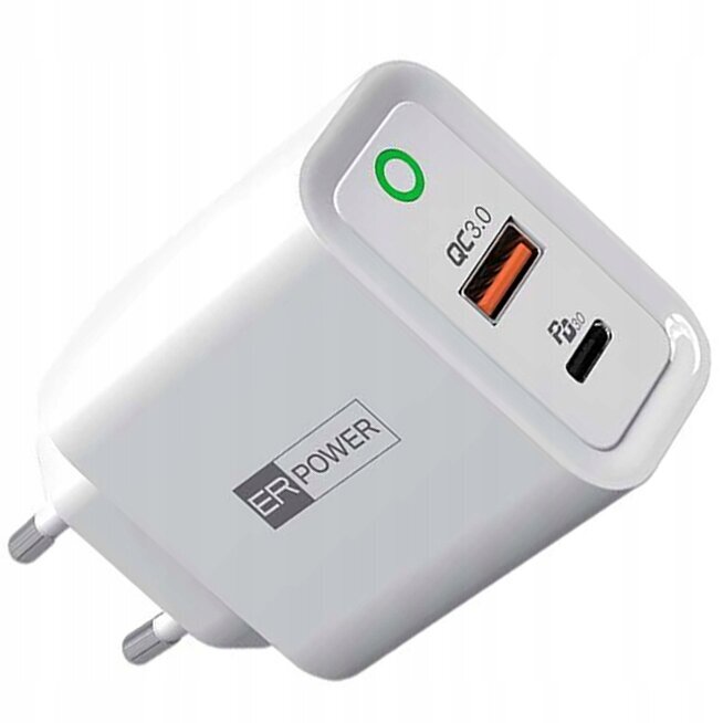 Lādētājs ER Power 30W USB-C QC PD, balts цена и информация | Lādētāji un adapteri | 220.lv