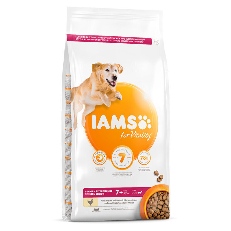 Iams For Vitality vecākiem lielu šķirņu suņiem, ar vistu, 12 kg cena un informācija | Sausā barība suņiem | 220.lv