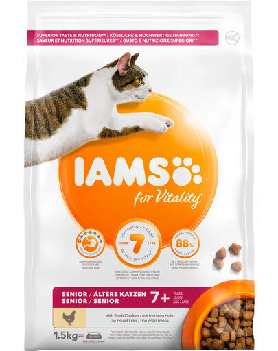 Iams For Vitality vecākiem kaķiem, ar vistas gaļu, 1,5 kg cena un informācija | Sausā barība kaķiem | 220.lv