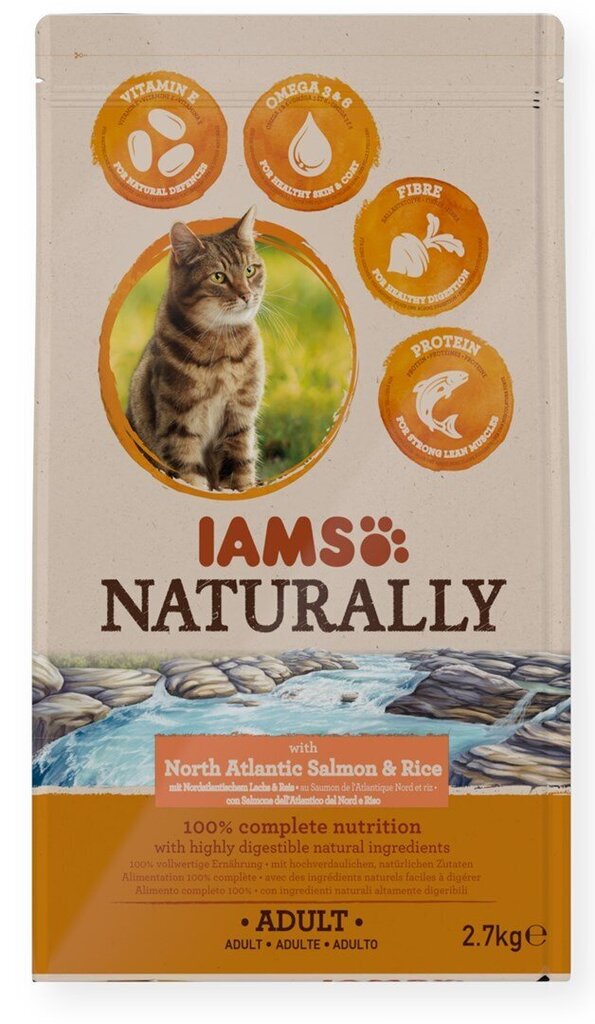 Iams Naturally pieaugušiem kaķiem, ar Ziemeļatlantijas lasi un rīsiem, 2,7 kg cena un informācija | Sausā barība kaķiem | 220.lv