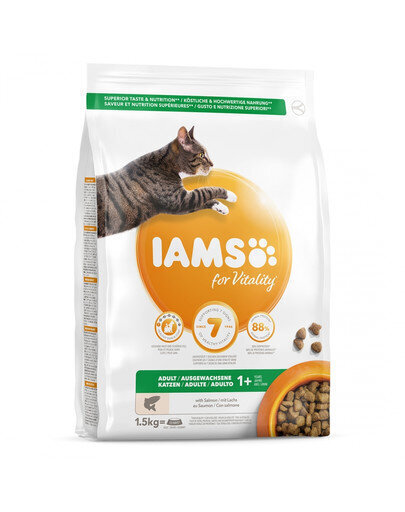 Iams for Vitality pieaugušiem kaķiem, ar lasi, 1,5 kg цена и информация | Sausā barība kaķiem | 220.lv