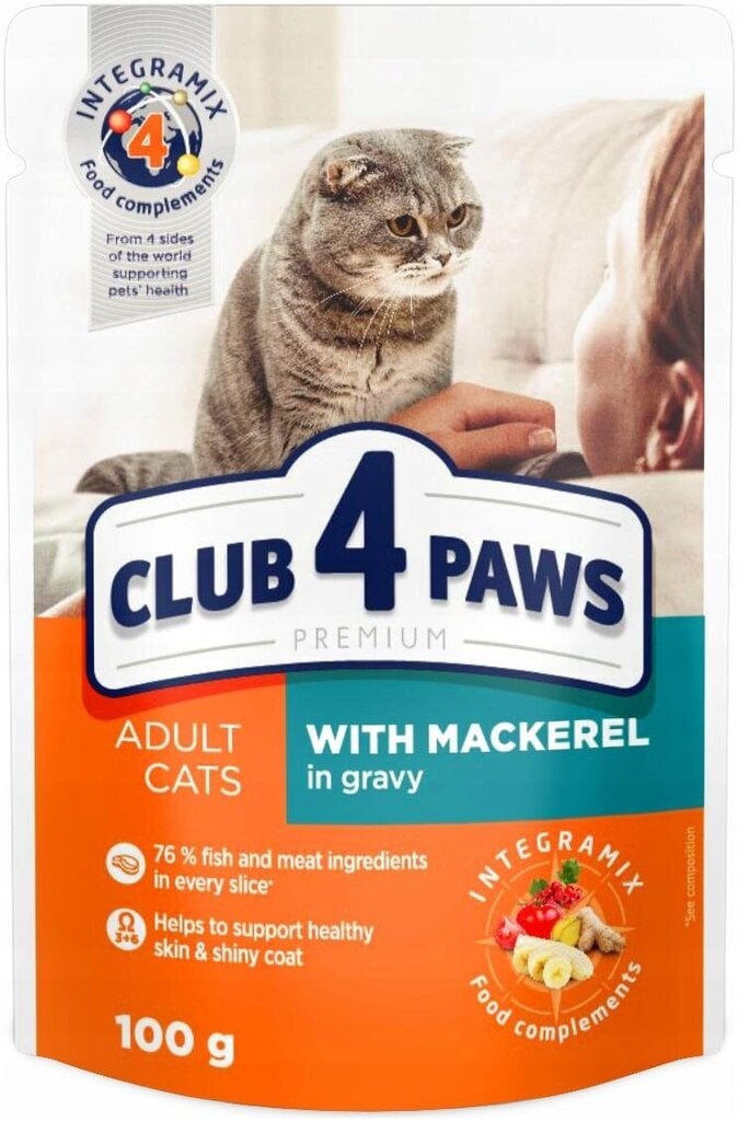 Club 4 paws Premium mitrā kaķu barība - Skumbrija mērcē 24 x 100 g cena un informācija | Konservi kaķiem | 220.lv