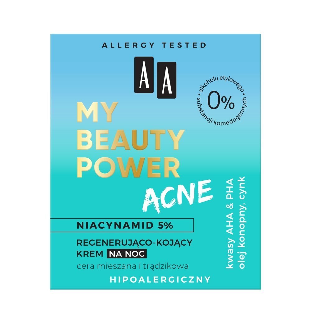 Nakts nomierinošs sejas krēms problemātiskai ādai AA My Beauty Power Acne, 50 ml cena un informācija | Sejas krēmi | 220.lv