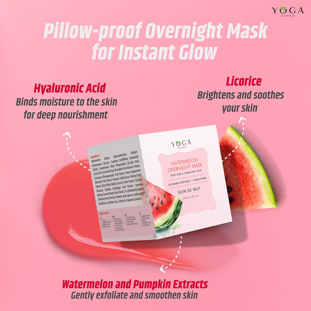 Nakts sejas maska ​​Yoga super Watermelon glow AHA cena un informācija | Serumi sejai, eļļas | 220.lv