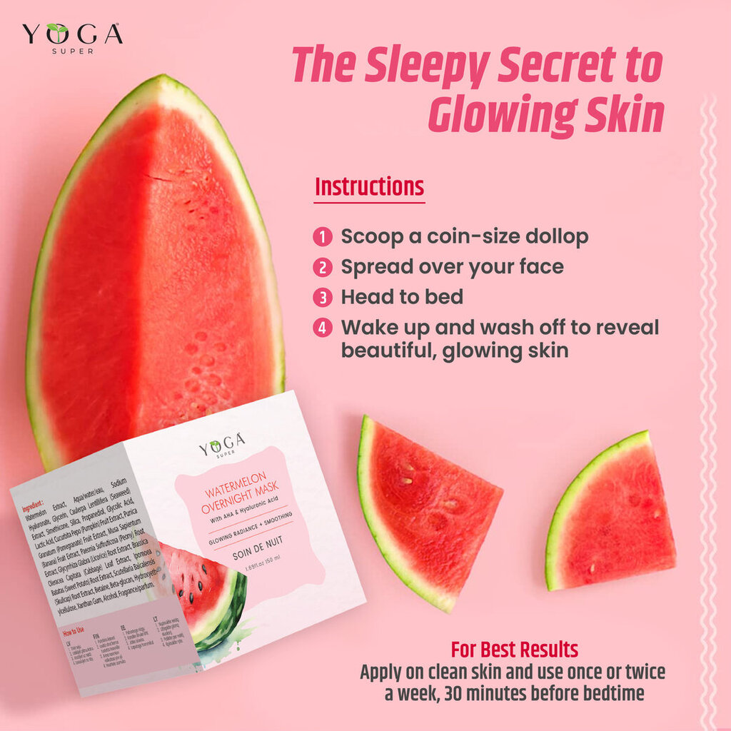 Nakts sejas maska ​​Yoga super Watermelon glow AHA cena un informācija | Serumi sejai, eļļas | 220.lv