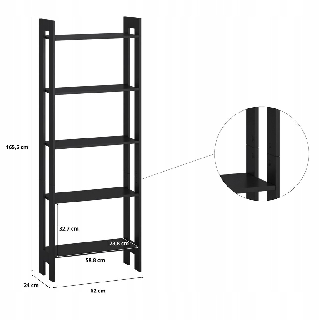Trepju grāmatu plaukts, 165x62 cm, melns cena un informācija | Plaukti | 220.lv