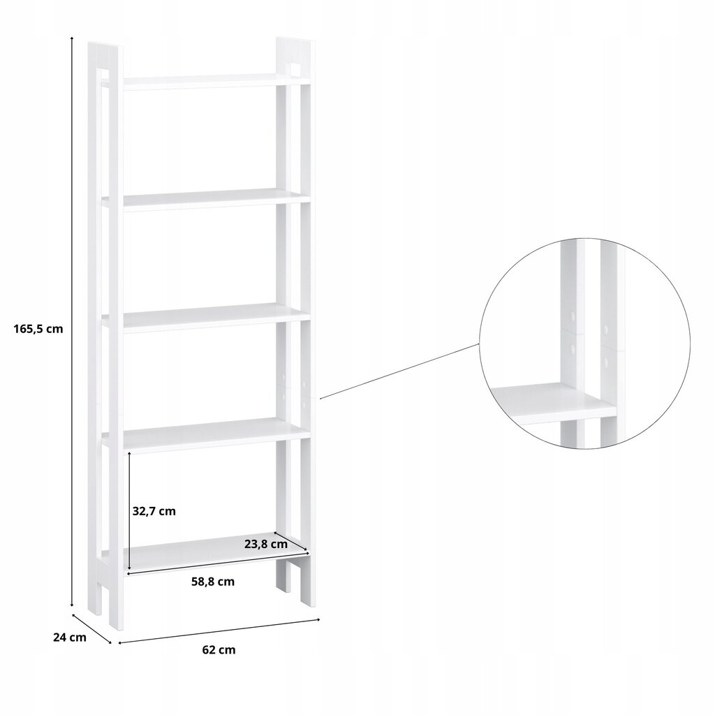 Trepju grāmatu plaukts, 165x62 cm, balts cena un informācija | Plaukti | 220.lv