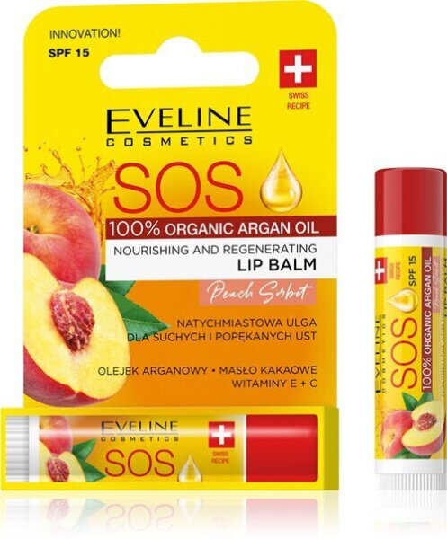 Balzams lūpām Eveline Cosmetics SOS 100% Organic Argan Oil Peach Sorbet, 4.5ml цена и информация | Lūpu krāsas, balzāmi, spīdumi, vazelīns | 220.lv