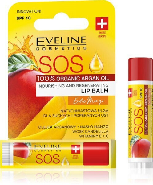 Balzams lūpām Eveline Cosmetics SOS 100% Organic Argan Oil Exotic Mango, 4.5ml цена и информация | Lūpu krāsas, balzāmi, spīdumi, vazelīns | 220.lv