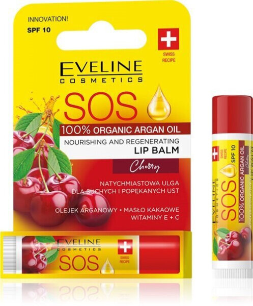 Balzams lūpām Eveline Cosmetics SOS 100% Organic Argan Oil Cherry, 4.5ml цена и информация | Lūpu krāsas, balzāmi, spīdumi, vazelīns | 220.lv