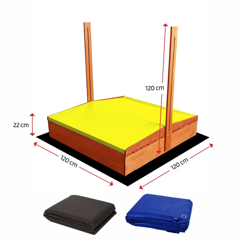 Impregnēta koka smilšu kaste ar dzelteno jumtiņu, 120x120 cm цена и информация | Smilšu kastes, smiltis | 220.lv