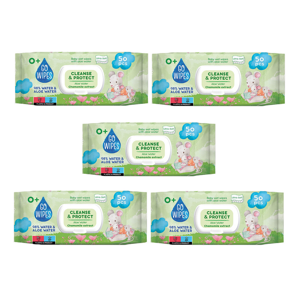 Mitrās salvetes Go Wipes Baby Cleanse&Protect, 5 x 50 gab. cena un informācija | Mitrās salvetes, vienreizlietojamie paladziņi | 220.lv