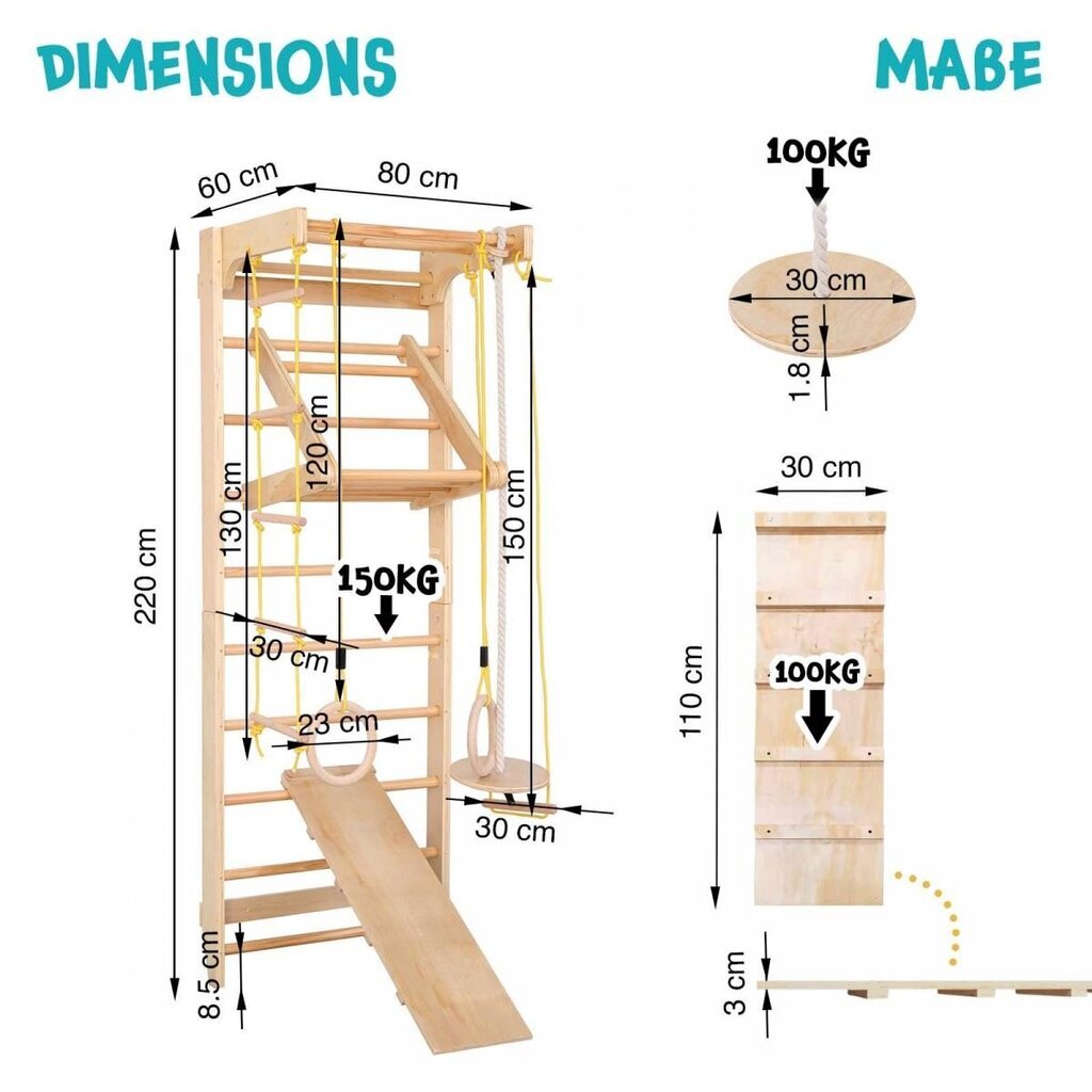 Zviedru sienas komplekts 80 x 220 x 60 cm cena un informācija | Zviedru sienas | 220.lv