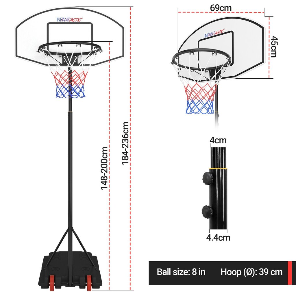 Basketbola grozs ar statīvu, 2.36m cena un informācija | Basketbola grozi | 220.lv