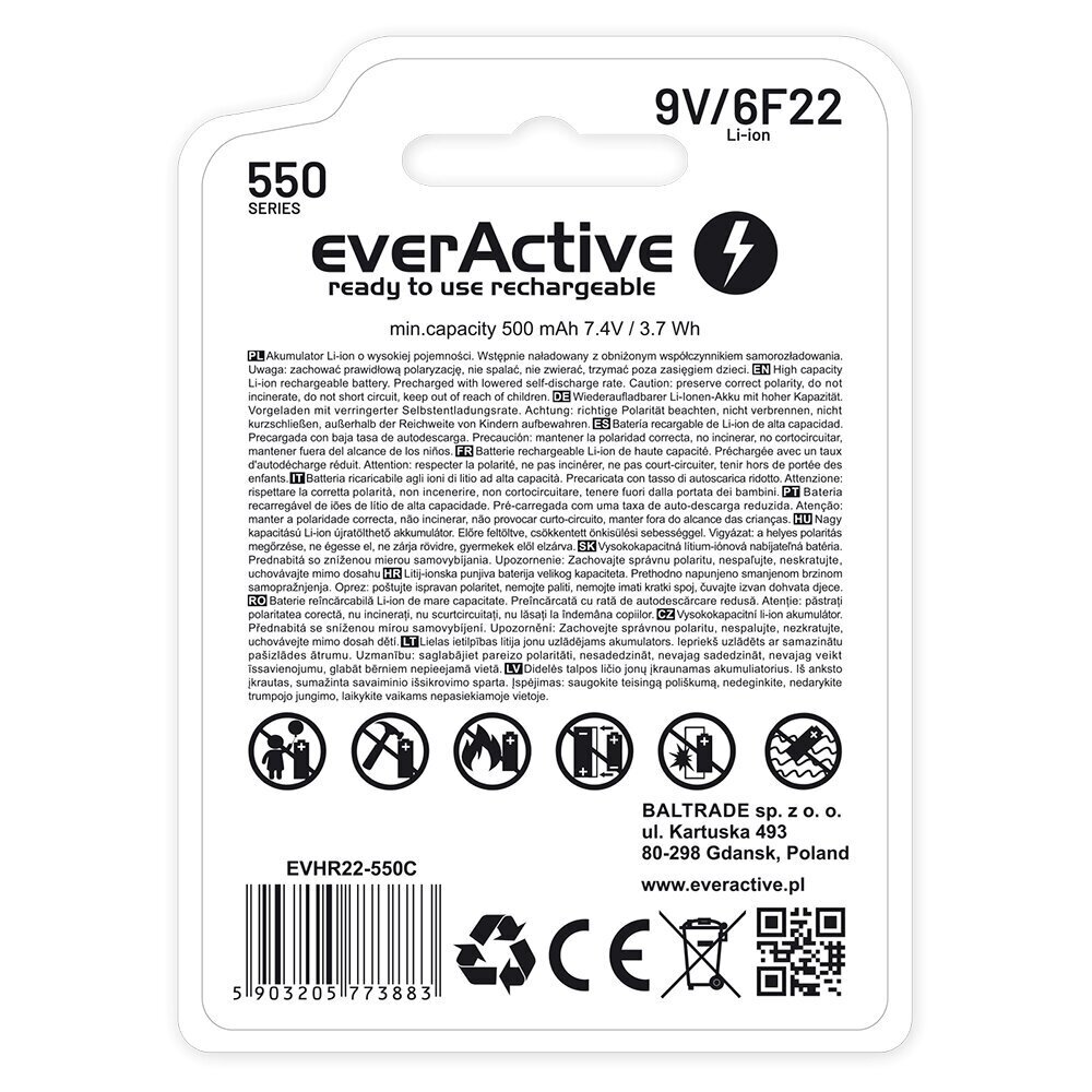 Akumulators EverActive 6F22/9V 550 mAh cena un informācija | Baterijas | 220.lv