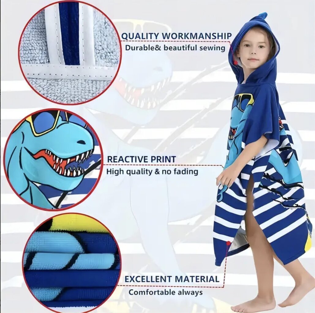 Bērnu pludmales dvielis- pončo ar kapuci, 60 x 90cm цена и информация | Dvieļi | 220.lv