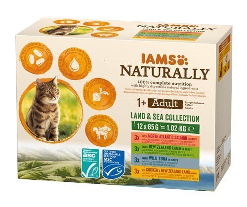IAMS Naturally Adult komplekts pieaugušiem kaķiem, 12x85 g cena un informācija | Konservi kaķiem | 220.lv