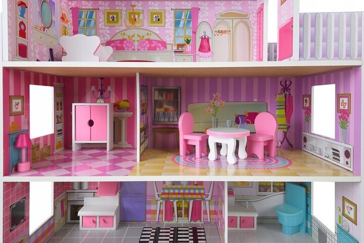 Koka leļļu māja Funfit Kids Cottage 3892, rozā, 70 cm cena un informācija | Rotaļlietas meitenēm | 220.lv