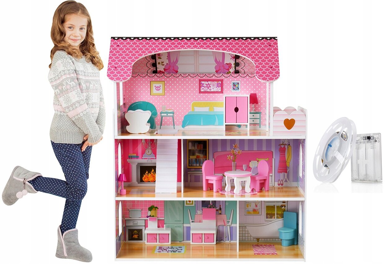 Koka leļļu māja Funfit Kids Cottage 3893,rozā, 70 cm cena un informācija | Rotaļlietas meitenēm | 220.lv