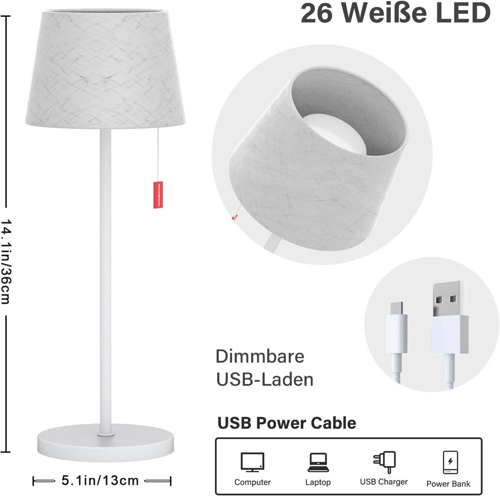 LED bezvadu galda lampa, balta cena un informācija | Galda lampas | 220.lv